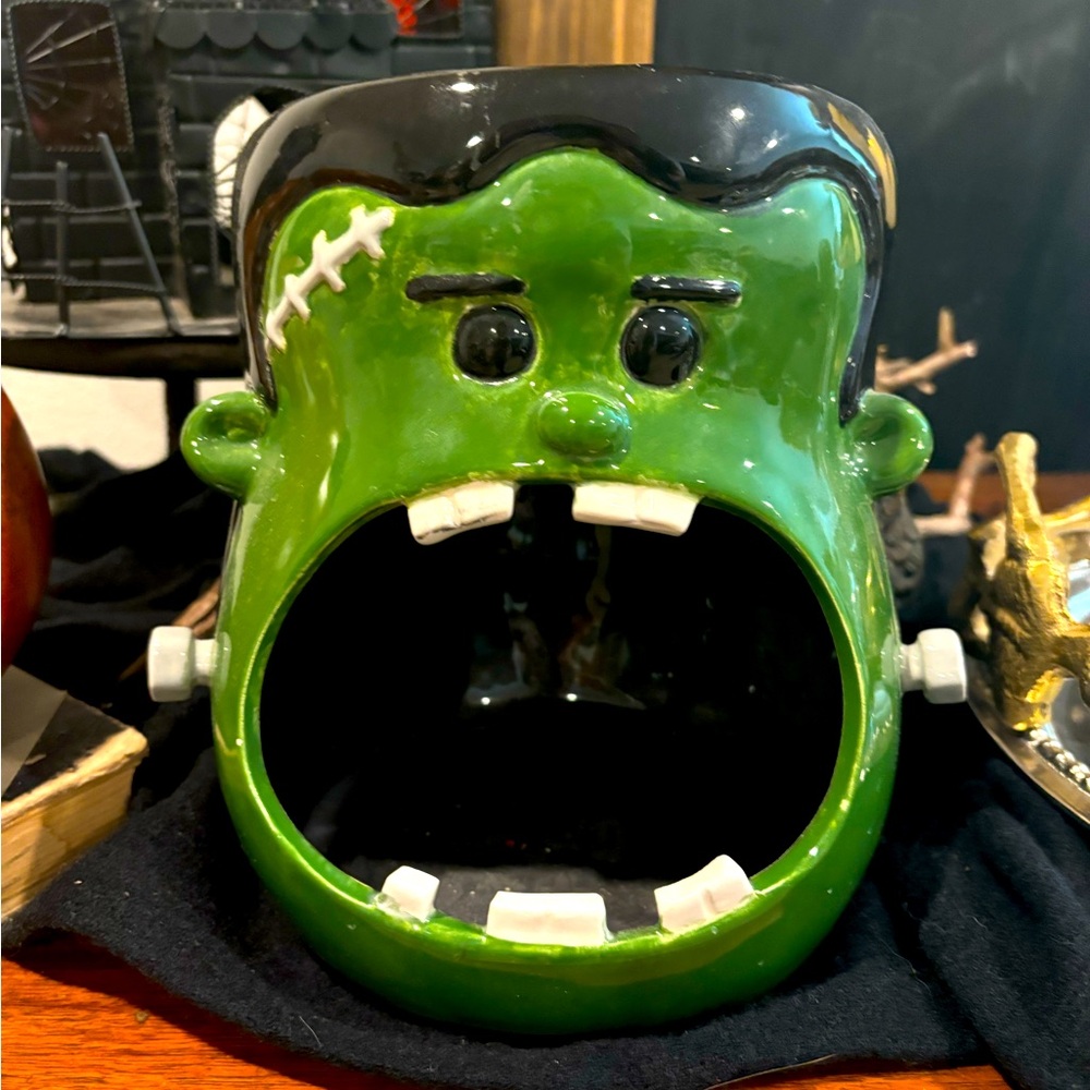 hand painted open mouth Frankenstein's monster ceramic candy dish Halloween